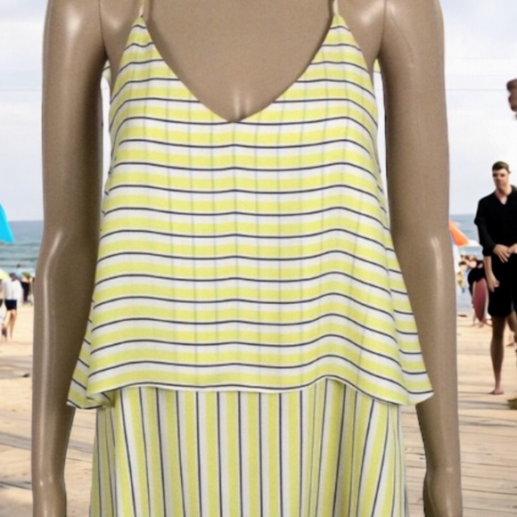 DESIGN LAB Spaghetti Strap Lined Sundress, Yellow Black White Vertical Stripe - Picture 1 of 6
